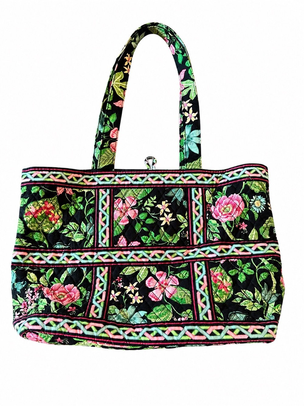 Vera Bradley Large Quilted Tote Floral Black Pink Green Shoulder Bag Retired